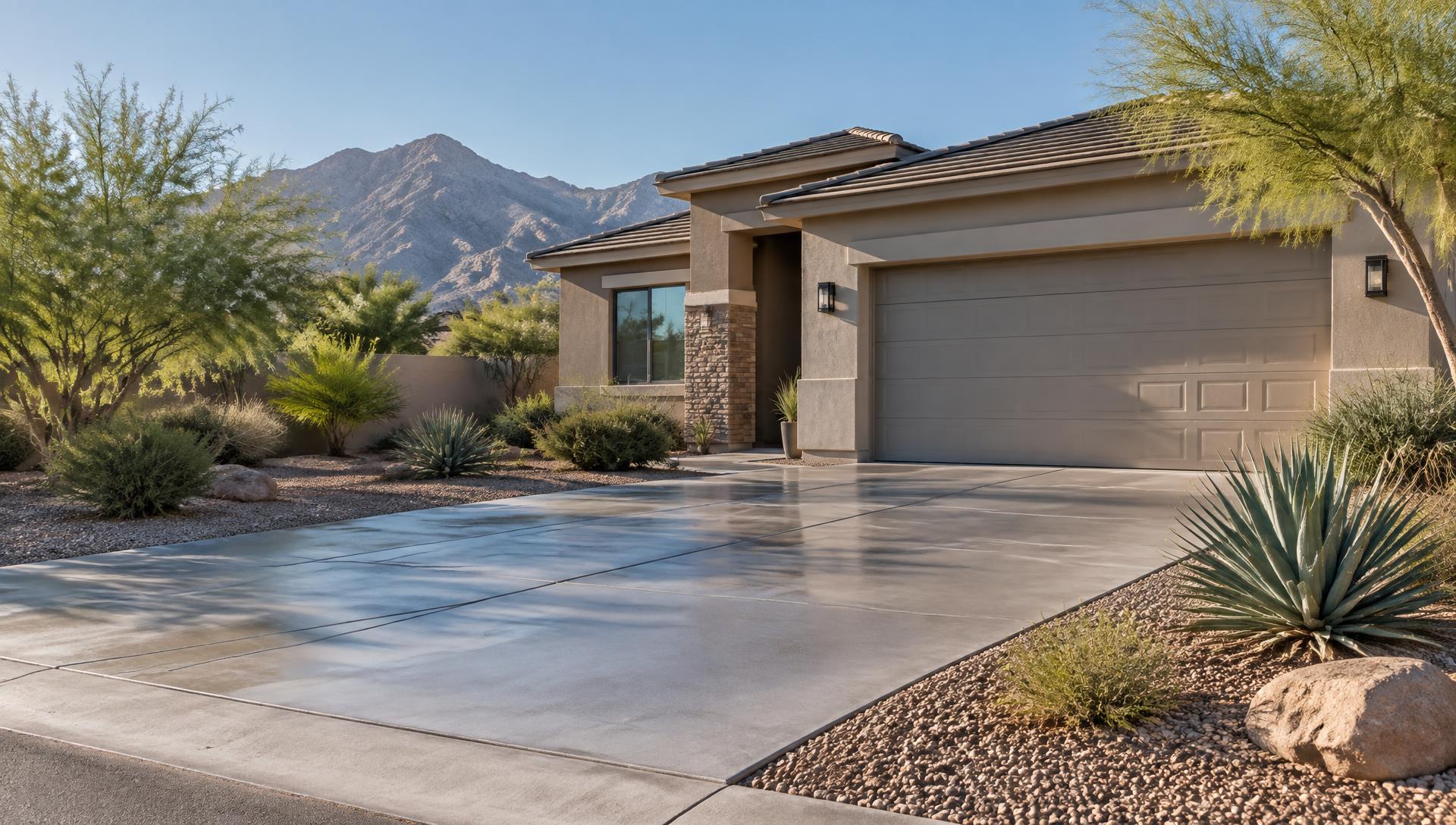 Freshly pressure-cleaned concrete driveway at a Las Vegas home with desert mountains behind it